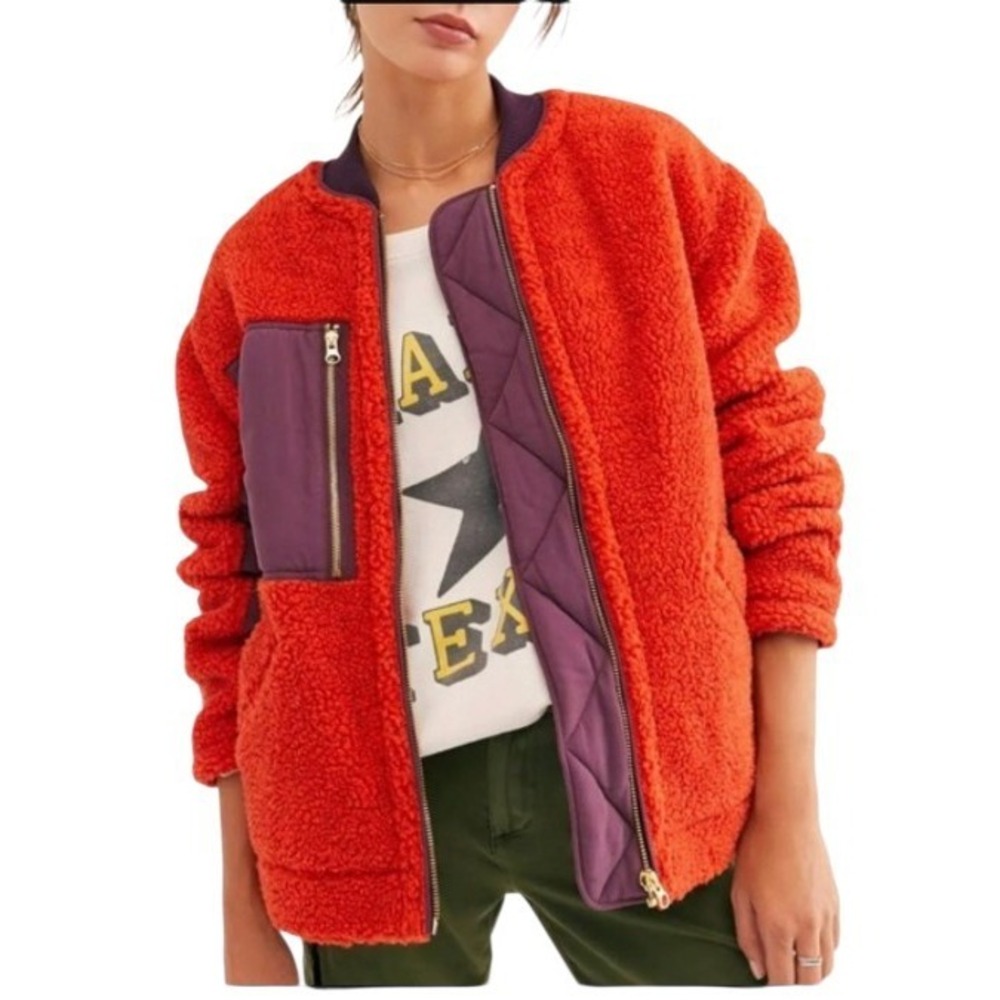 We The Free Womens XS Teddy Fleece Jacket Orange Purple Colorblock Full Zip